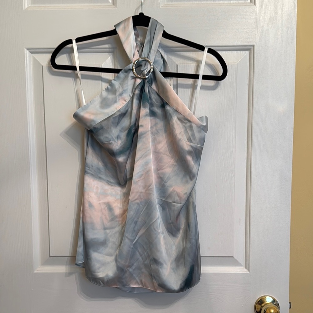 White House Black Market Blue Pink Halter Tie Front Top